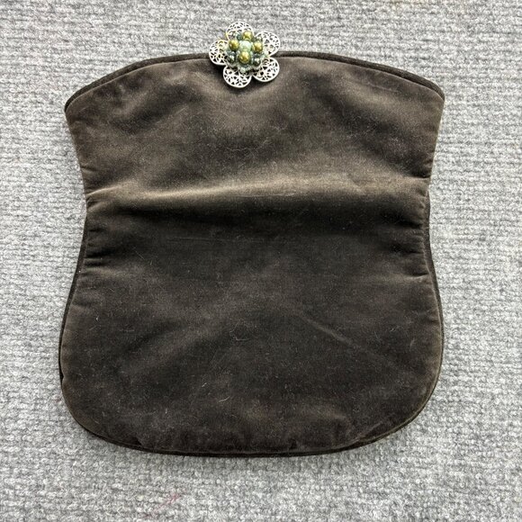 Vintage Jeannie Bouchever Velvet Evening Clutch Brown Floral Brooch To close - Picture 4 of 11